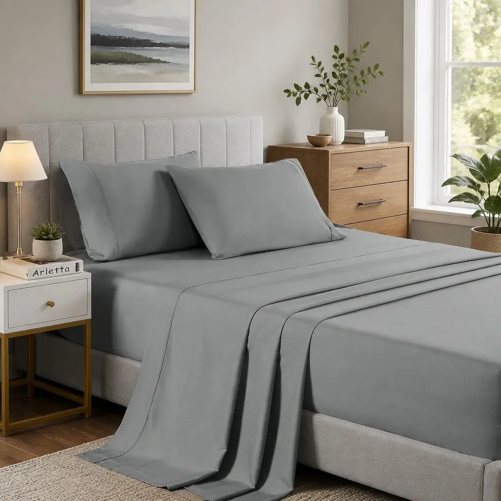 Bamboo Cooling Sheet Set 2000TC Single Bed Sheets Soft Microfibre Blend Mid Grey