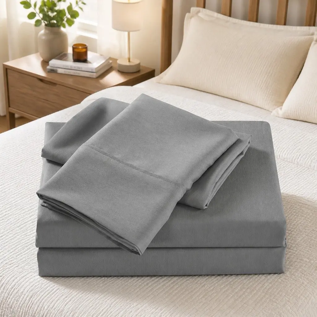 Bamboo Cooling Sheet Set Double 2000TC Bedding Mid Grey Satin Soft Breathable