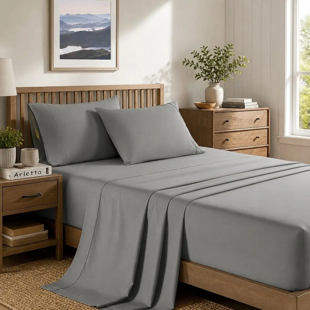 Bamboo Cooling Sheet Set Double 2000TC Bedding Mid Grey Satin Soft Breathable