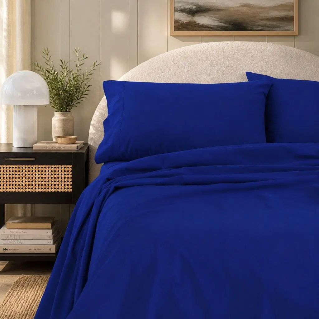 Cotton Sheet Set Double Bed Vintage Washed Soft Percale Bedding Royal Blue
