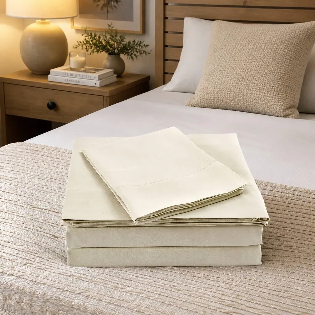 Bamboo Blend Sheet Set Dark Ivory Double Bed 1000TC Fitted Flat Pillowcases