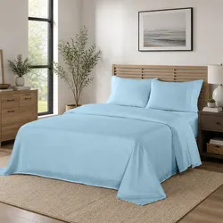 Concise 4 Piece Double Bed Sheet Set in Sky Blue