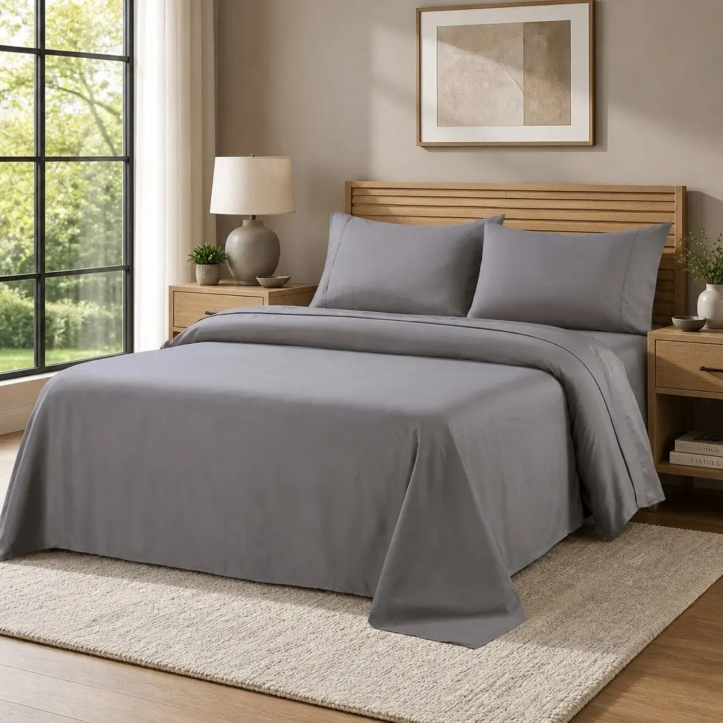 King Size Sheet Set Charcoal 1200TC Satin Weave UltraSoft 4 Piece Bedding Flat Fitted Pillowcases