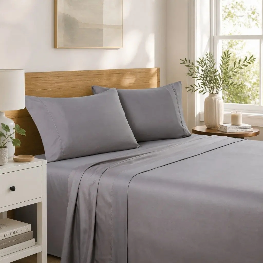King Size Sheet Set Charcoal 1200TC Satin Weave UltraSoft 4 Piece Bedding Flat Fitted Pillowcases