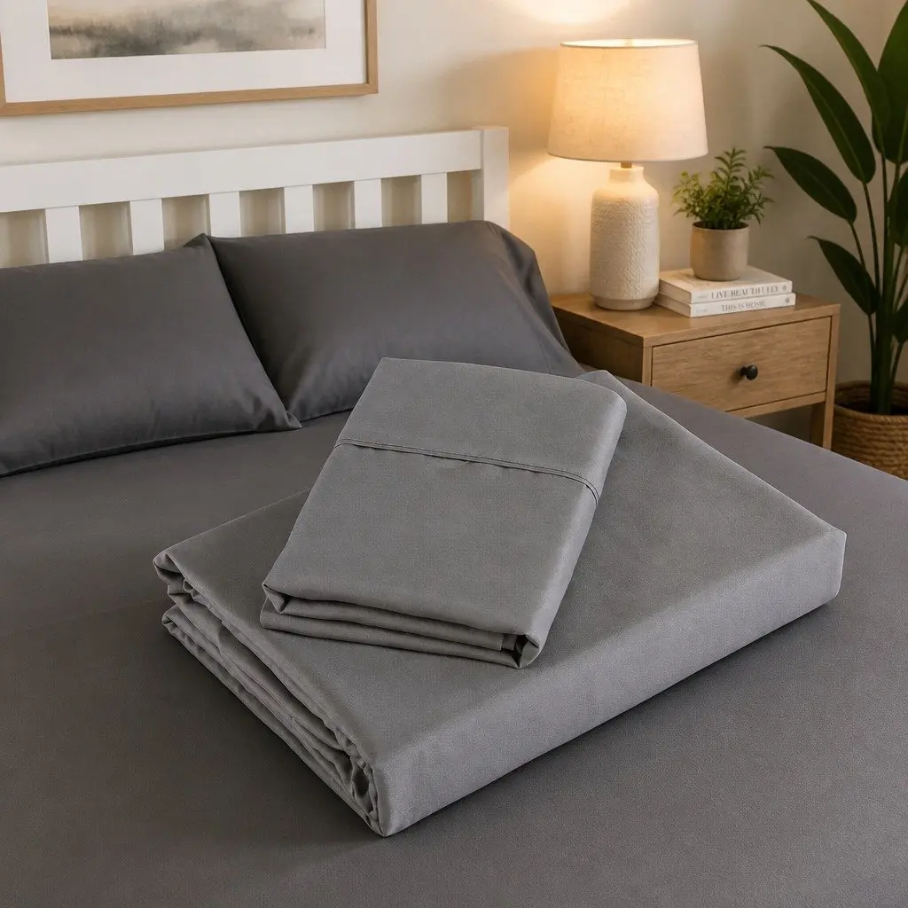 King Size Sheet Set Charcoal 1200TC Satin Weave UltraSoft 4 Piece Bedding Flat Fitted Pillowcases