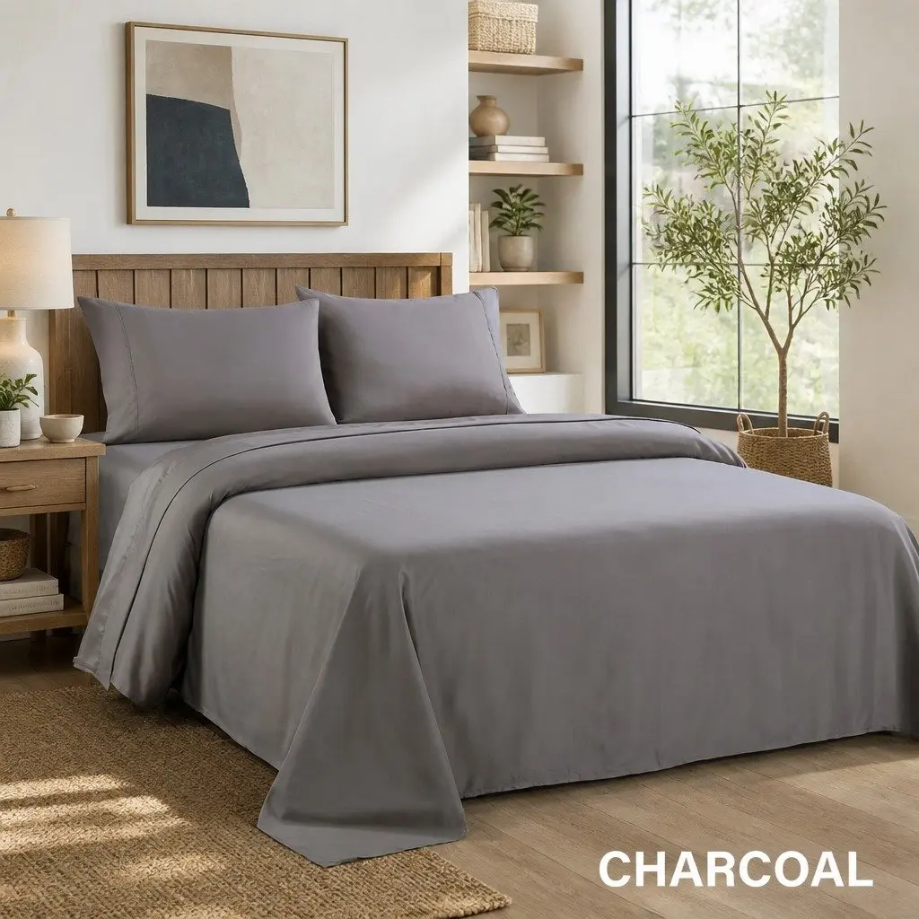 King Size Sheet Set Charcoal 1200TC Satin Weave UltraSoft 4 Piece Bedding Flat Fitted Pillowcases