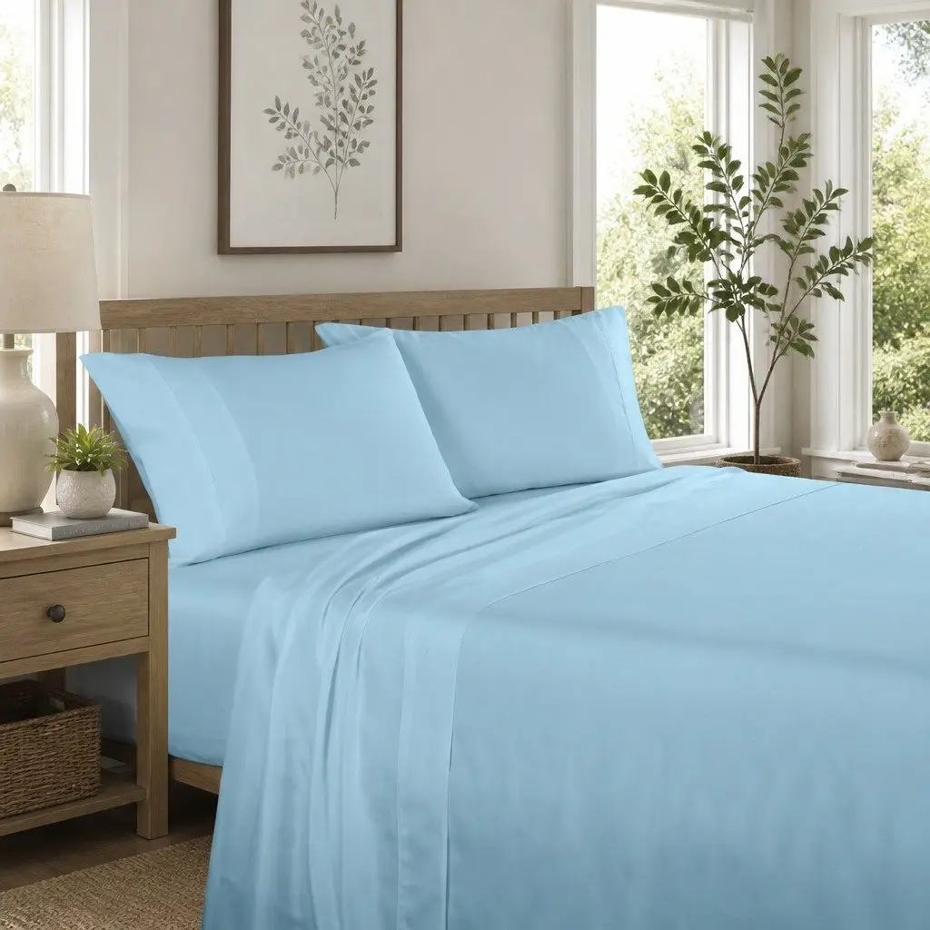 King Sheet Set Sky Blue 1200TC Satin Weave 4 Piece Bedding Pillowcases Flat Fitted