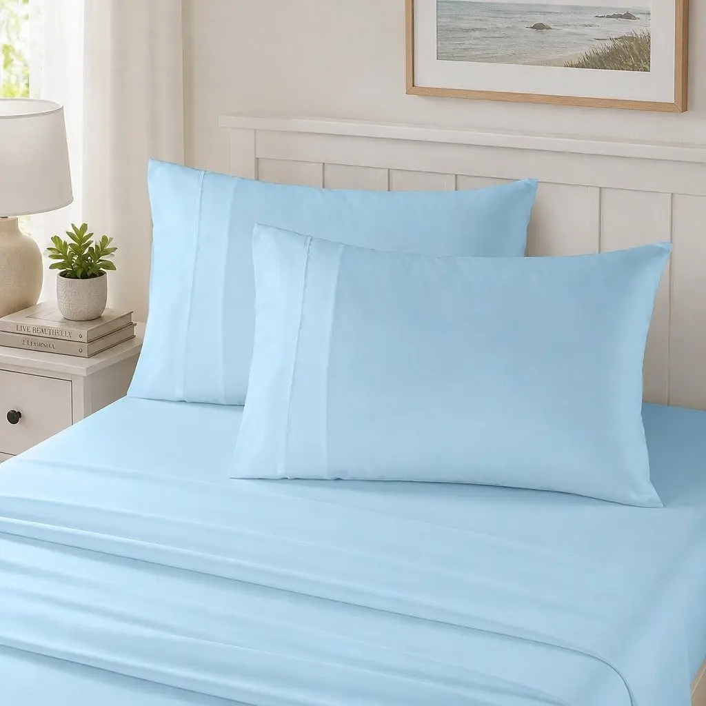 King Sheet Set Sky Blue 1200TC Satin Weave 4 Piece Bedding Pillowcases Flat Fitted