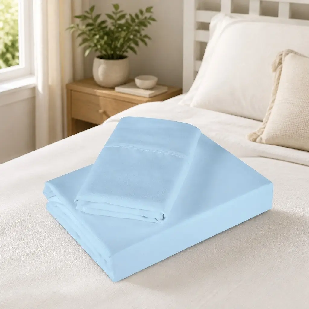 King Sheet Set Sky Blue 1200TC Satin Weave 4 Piece Bedding Pillowcases Flat Fitted