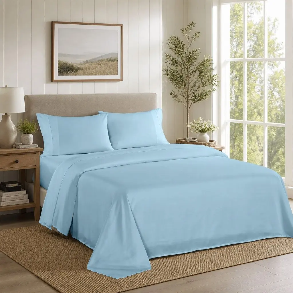 King Sheet Set Sky Blue 1200TC Satin Weave 4 Piece Bedding Pillowcases Flat Fitted