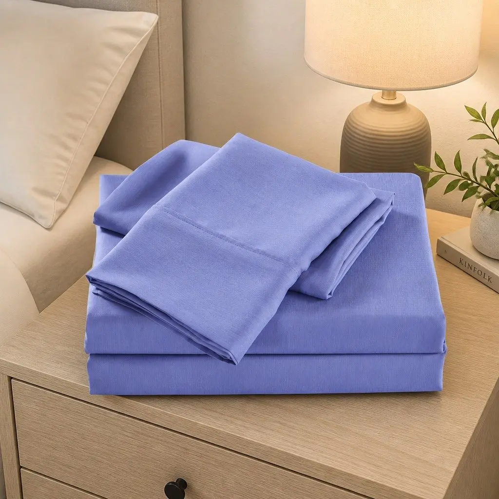 Bamboo Cooling Sheet Set Mid Blue King 2000TC Satin Soft Breathable Moisture-Wicking