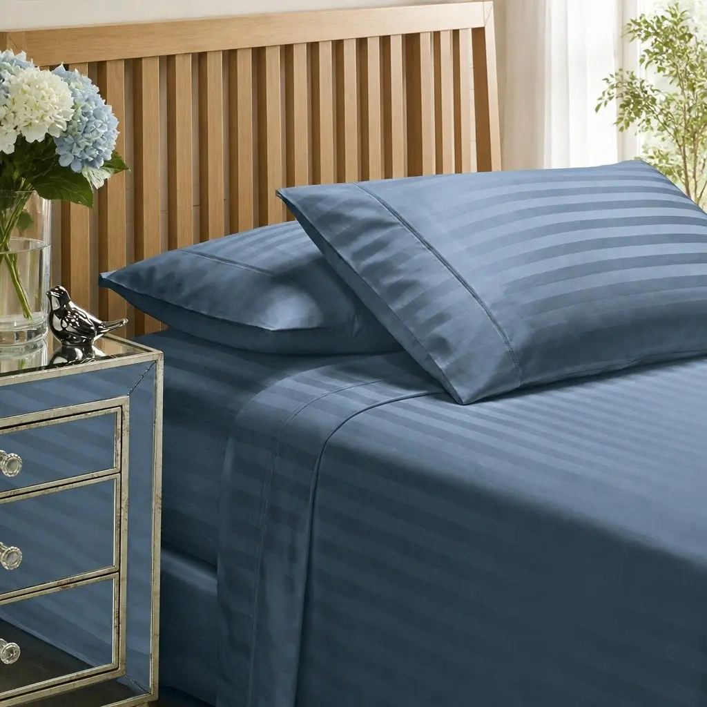 1200 Thread Count Damask Stripe Cotton Blend Sheet Set King Blue Fog Sateen