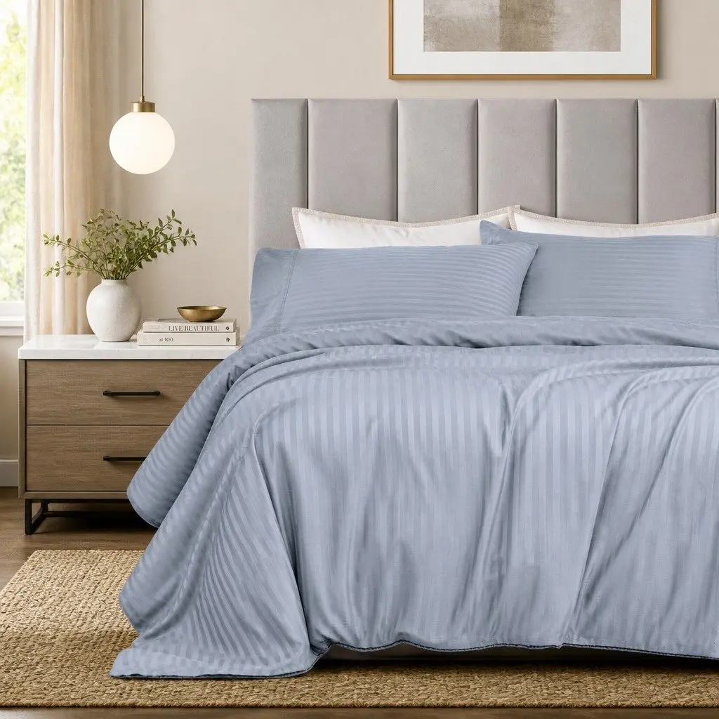 1200 Thread Count Damask Stripe Cotton Blend Sheet Set King Blue Fog Sateen
