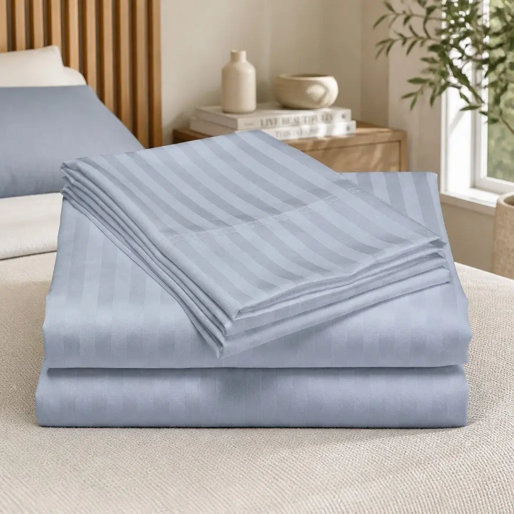 1200 Thread Count Damask Stripe Cotton Blend Sheet Set King Blue Fog Sateen