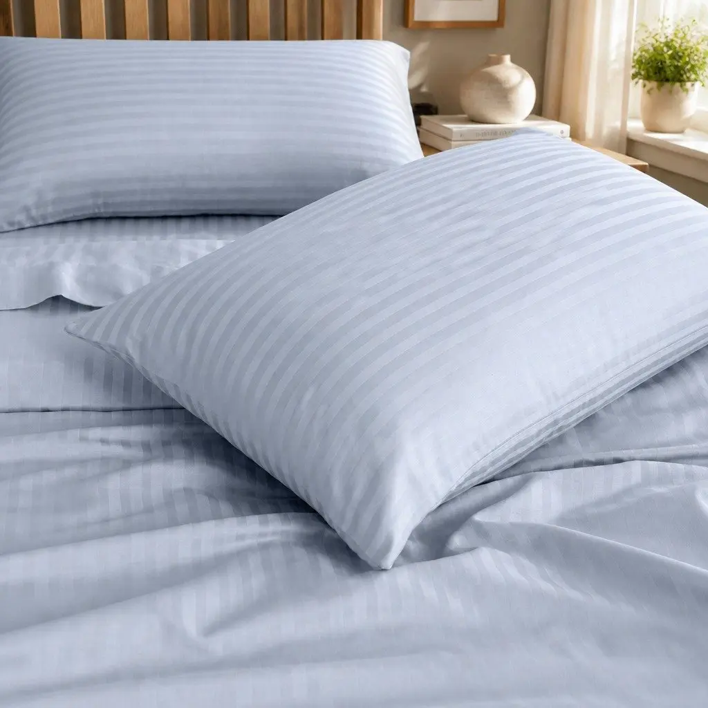 1200 Thread Count Damask Stripe Cotton Blend Sheet Set King Blue Fog Sateen