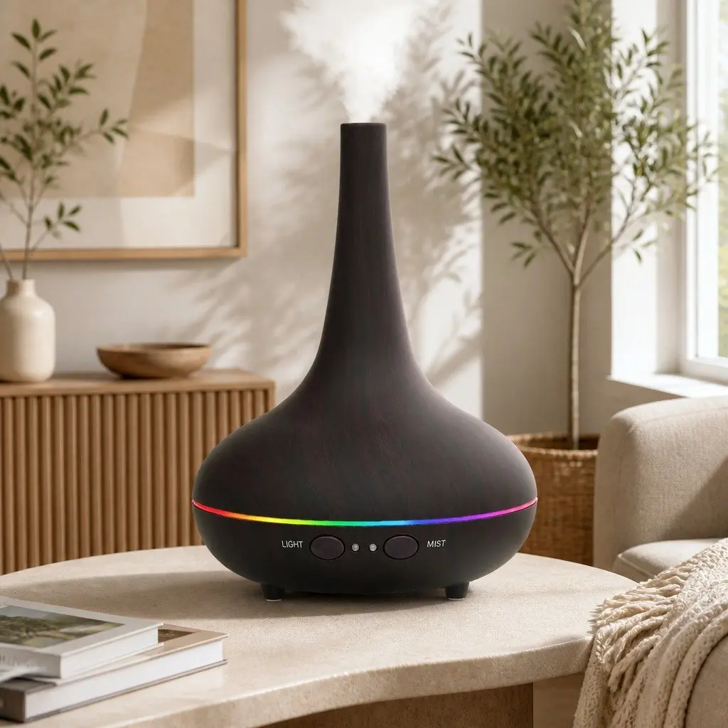 Ultrasonic Aroma Diffuser Humidifier Dark Wood Grain 200ml Colour Changing LED Mood Lights Auto Safety Shut Off Ultra Quiet Operation