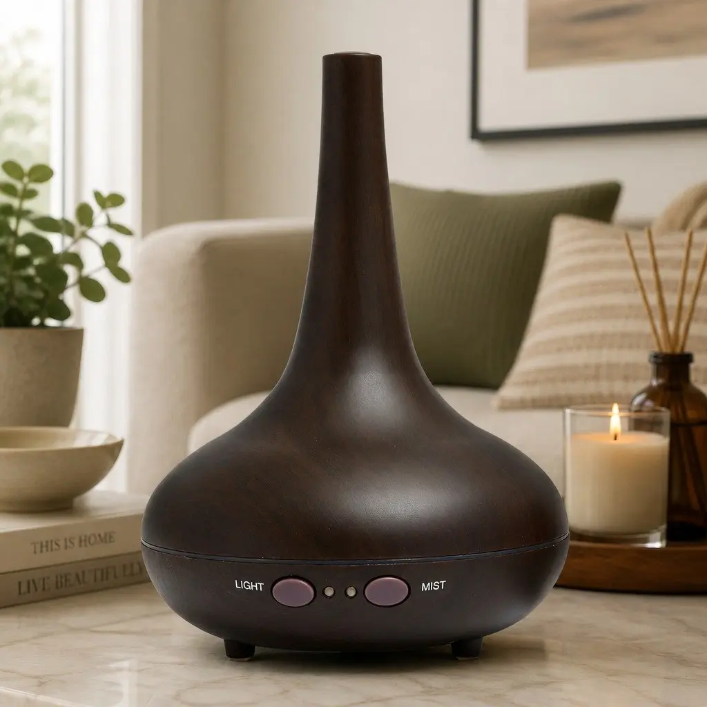 Ultrasonic Aroma Diffuser Humidifier Dark Wood Grain 200ml Colour Changing LED Mood Lights Auto Safety Shut Off Ultra Quiet Operation