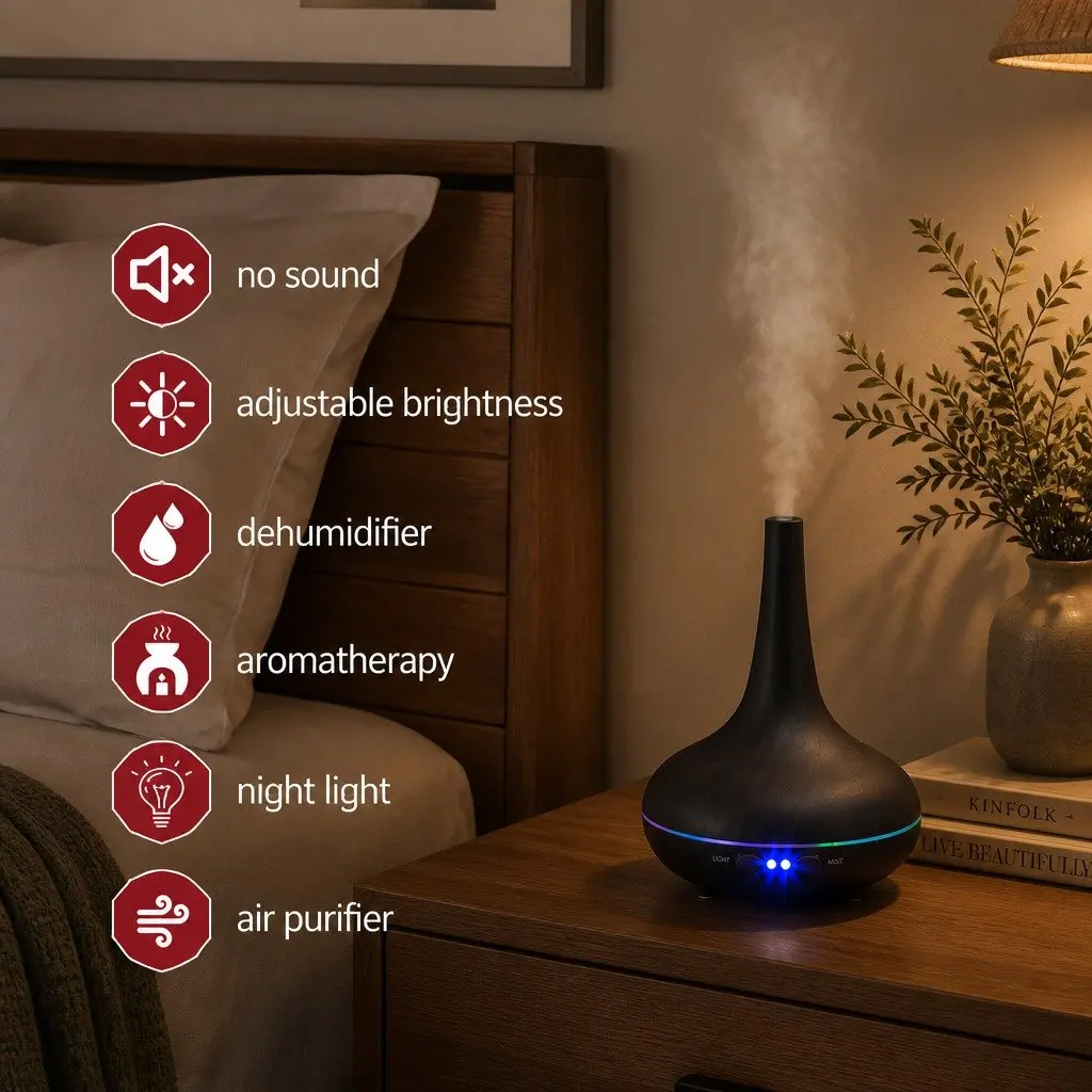 Ultrasonic Aroma Diffuser Humidifier Dark Wood Grain 200ml Colour Changing LED Mood Lights Auto Safety Shut Off Ultra Quiet Operation