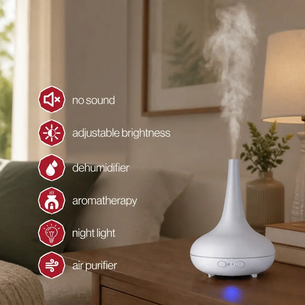 Ultrasonic Aroma Diffuser Humidifier Cool Grey 200ml Colour Changing LED Mood Lights Quiet Operation