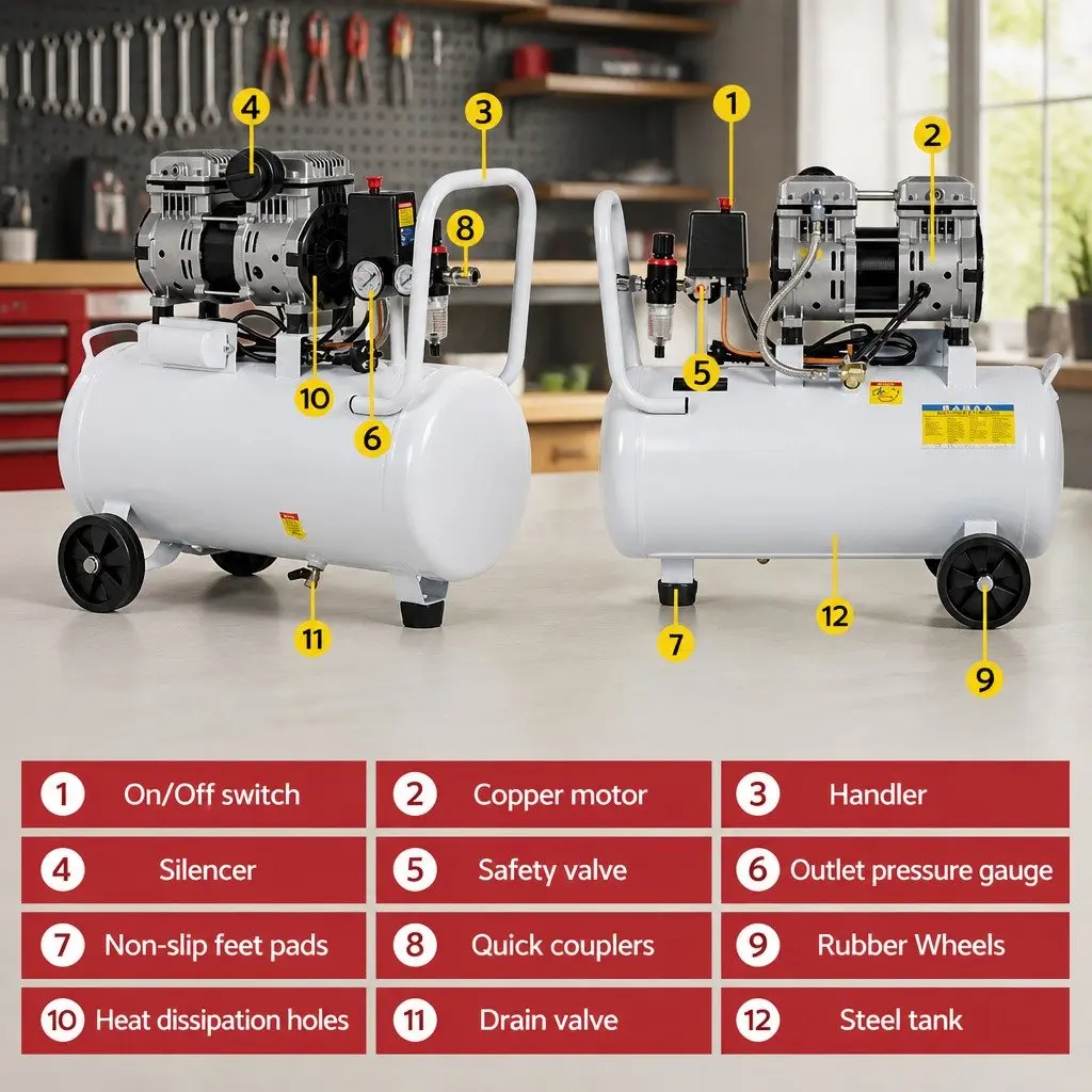 30L Air Compressor White Portable Oil-Free Quiet 0.75HP 40L/Min