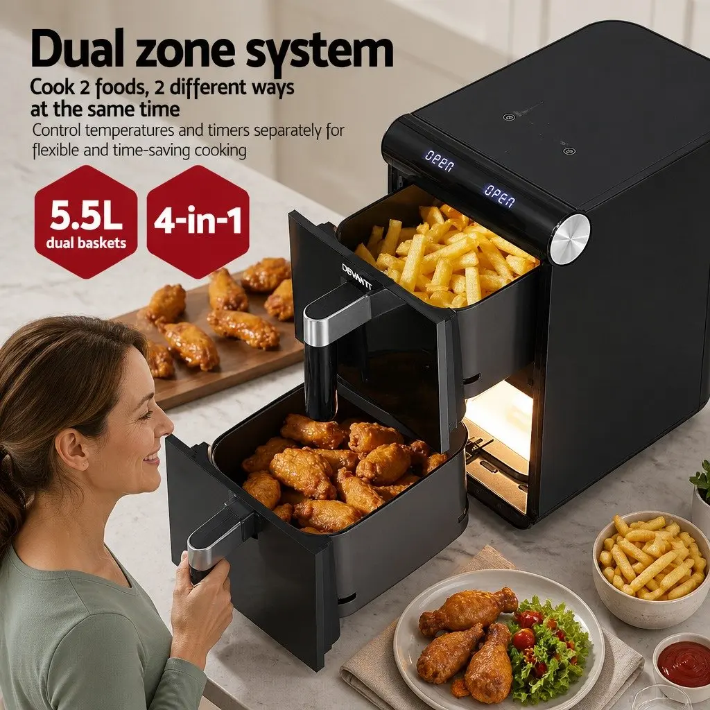 Air Fryer Black 11L Dual Zone Cooking Two Baskets Independent Temperature Control