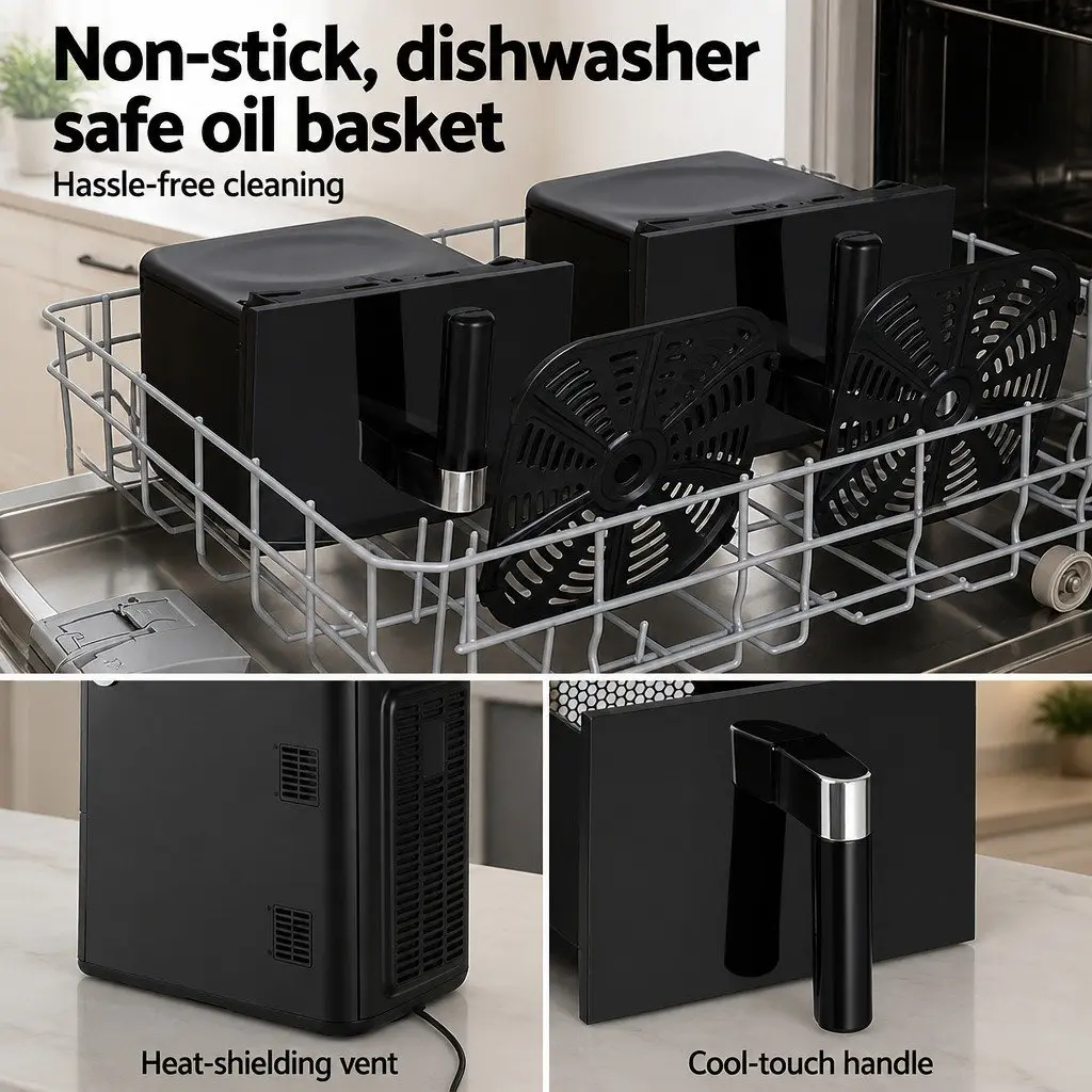 Air Fryer Black 11L Dual Zone Cooking Two Baskets Independent Temperature Control