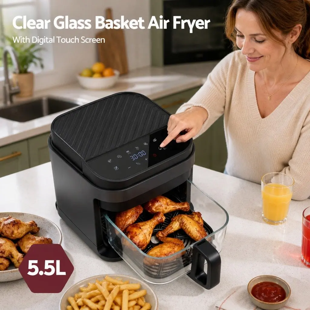 Air Fryer Black 5.5L Touch Control Electric Cooker 1200W Hot Air Circulation
