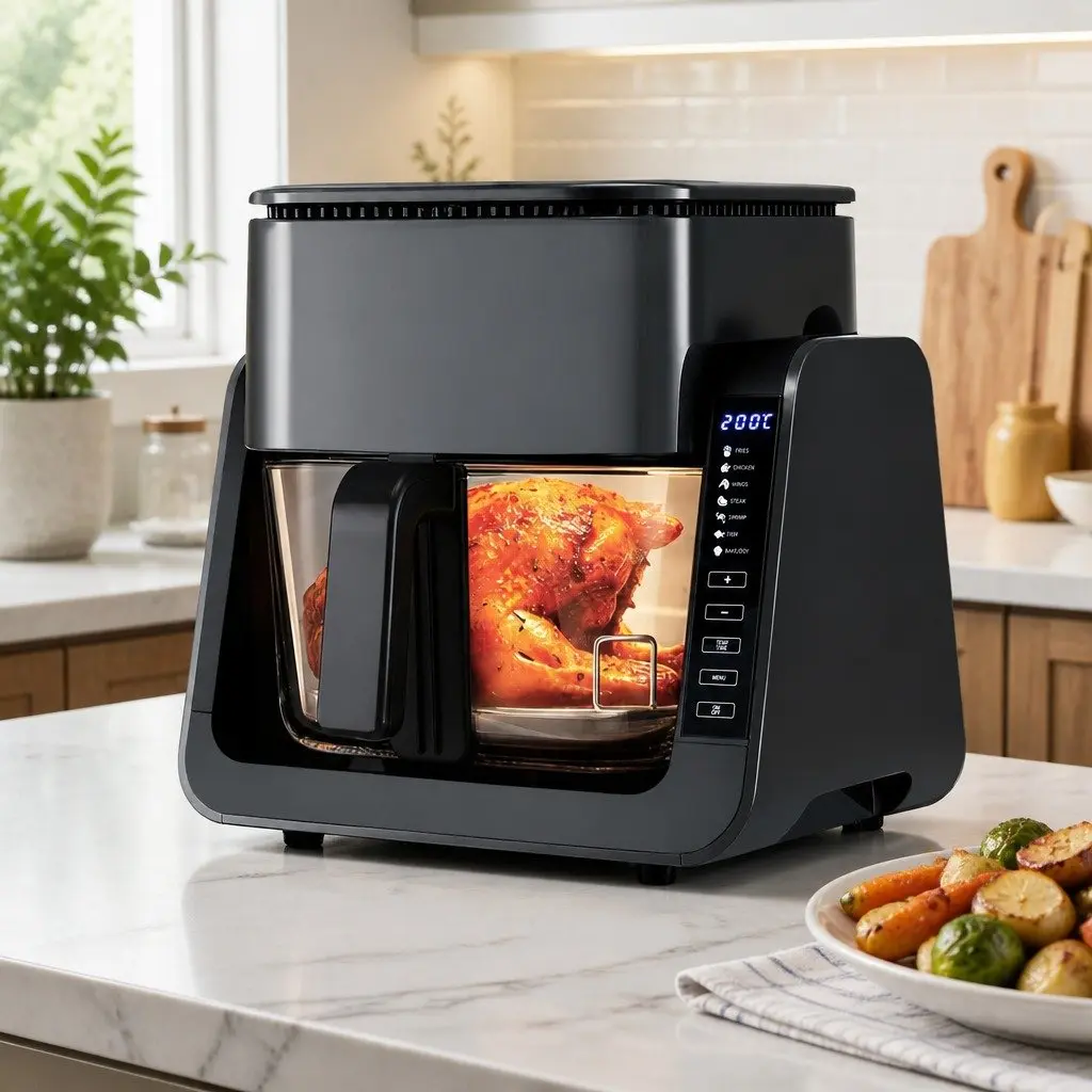 Air Fryer Black 4L Dual Zone Electric Cooker with BBQ Grill Top and Glass Basket