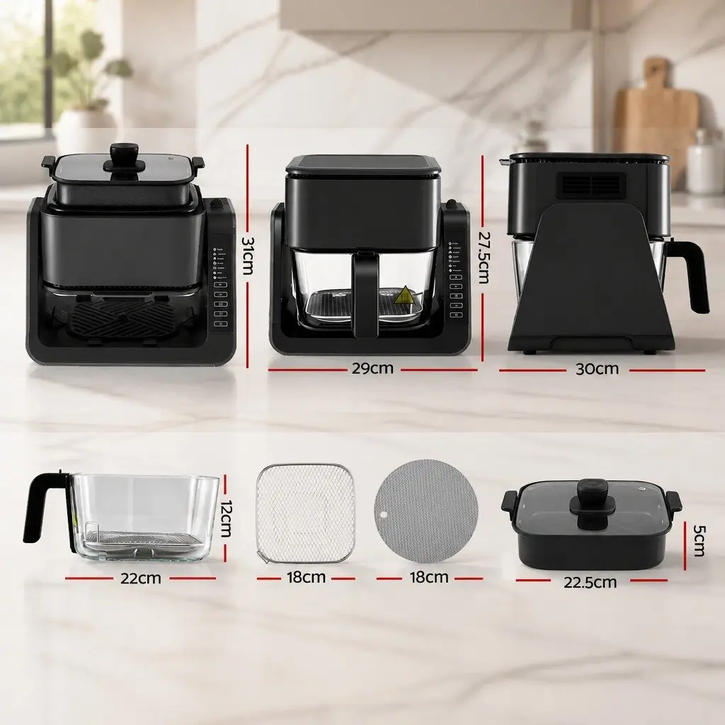 Air Fryer Black 4L Dual Zone Electric Cooker with BBQ Grill Top and Glass Basket