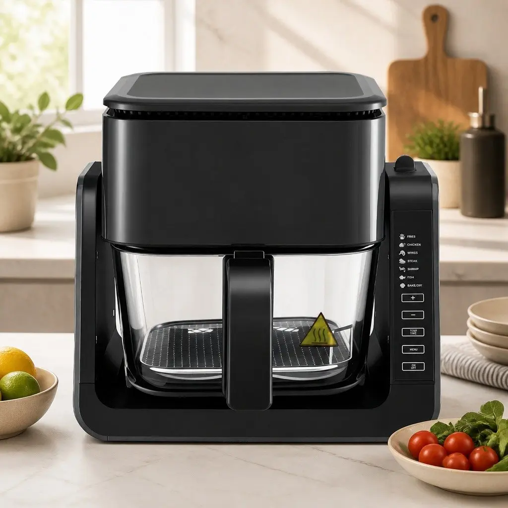 Air Fryer Black 4L Dual Zone Electric Cooker with BBQ Grill Top and Glass Basket