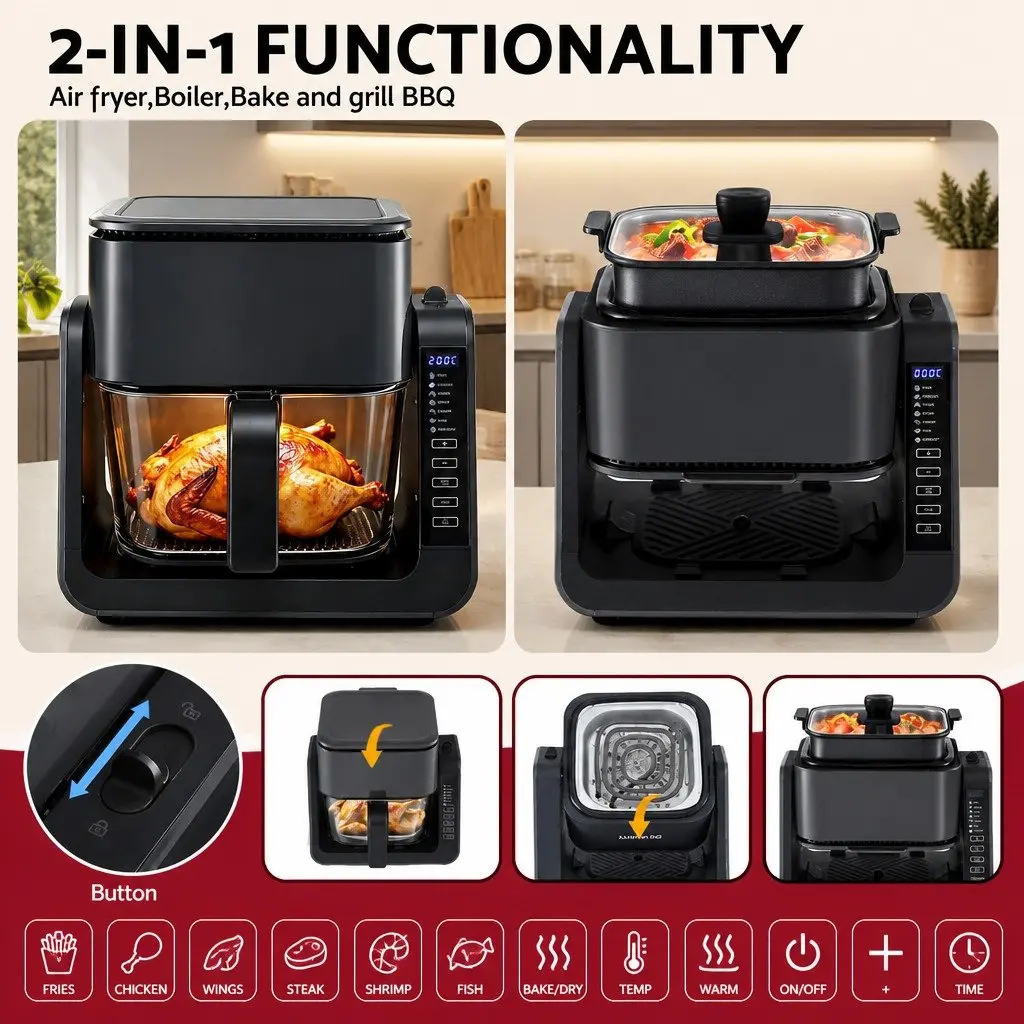 Air Fryer Black 4L Dual Zone Electric Cooker with BBQ Grill Top and Glass Basket