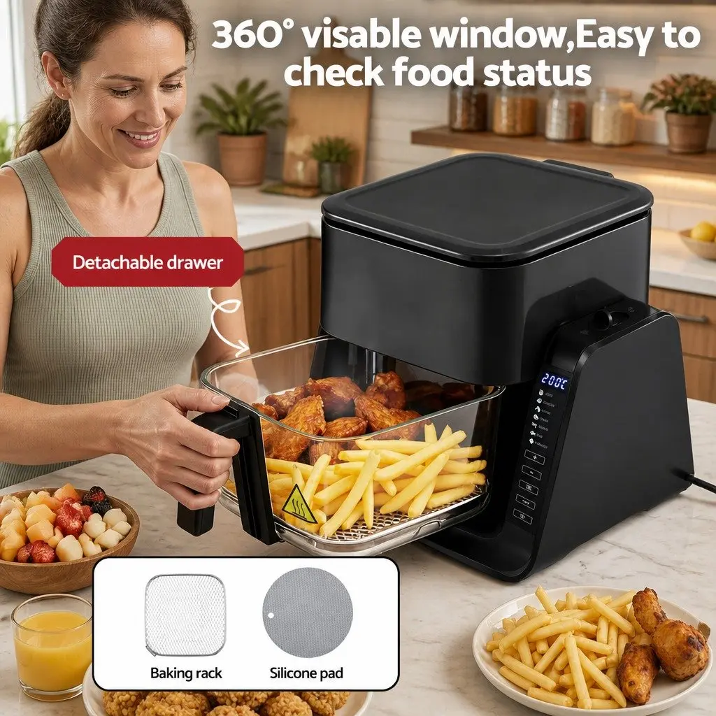 Air Fryer Black 4L Dual Zone Electric Cooker with BBQ Grill Top and Glass Basket