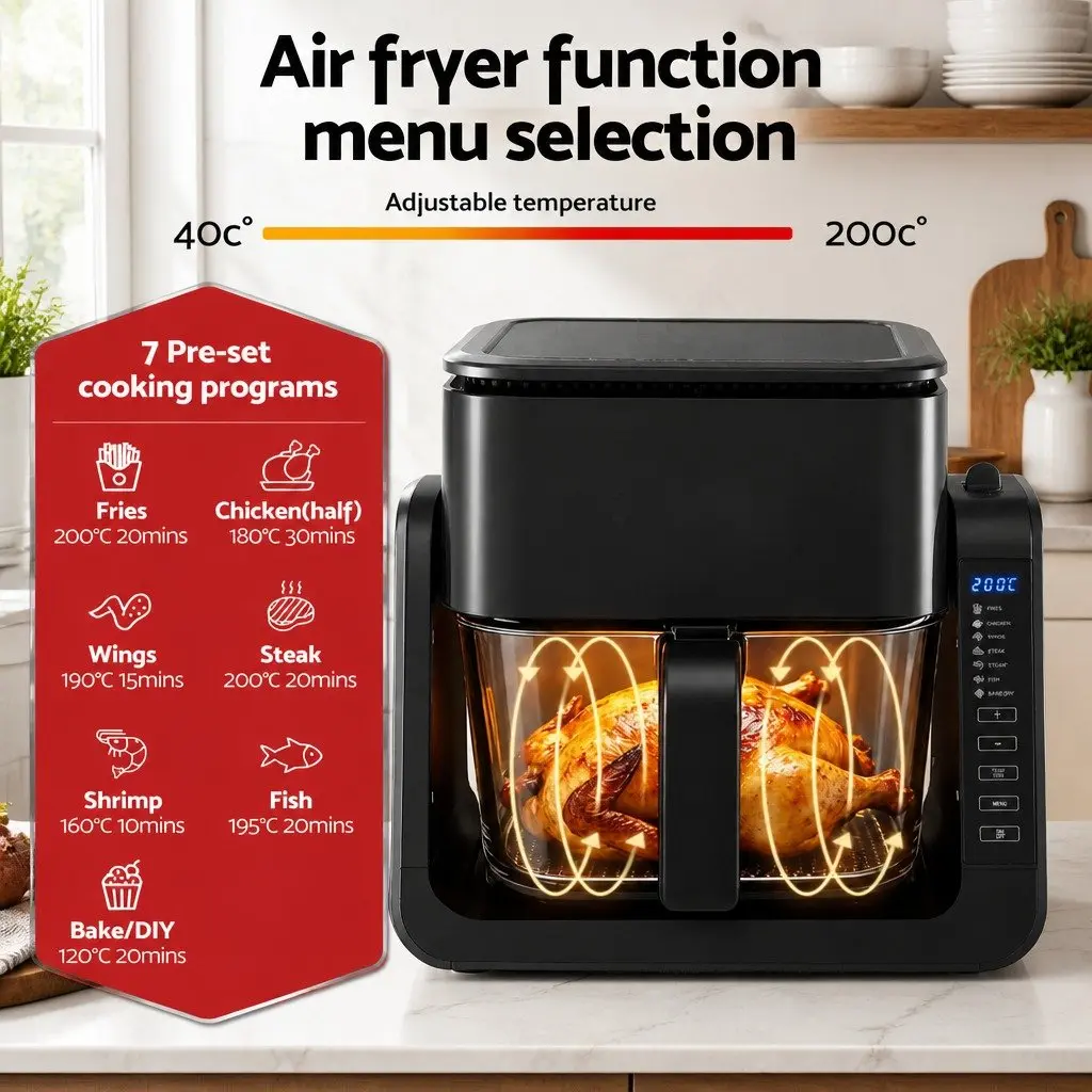 Air Fryer Black 4L Dual Zone Electric Cooker with BBQ Grill Top and Glass Basket