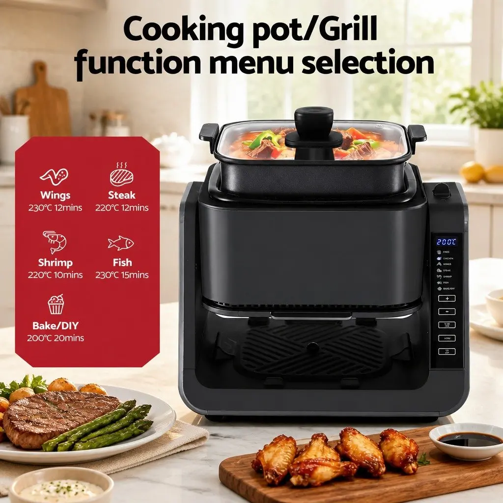 Air Fryer Black 4L Dual Zone Electric Cooker with BBQ Grill Top and Glass Basket