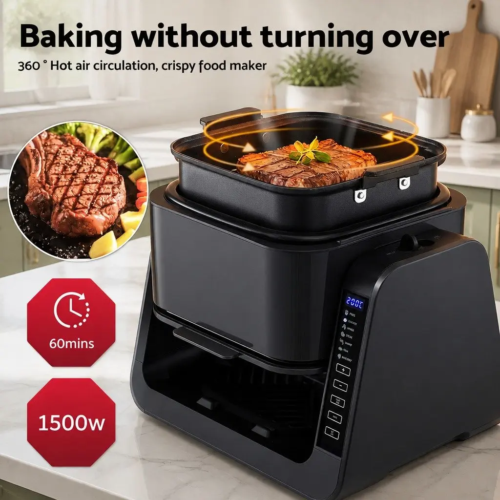 Air Fryer Black 4L Dual Zone Electric Cooker with BBQ Grill Top and Glass Basket