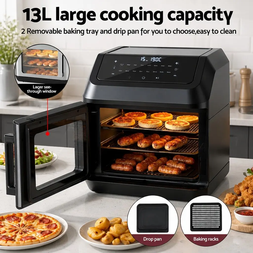 Air Fryer Black 13L Digital Oven Touch Control 17 Pre-set Programs Hot Air Circulation
