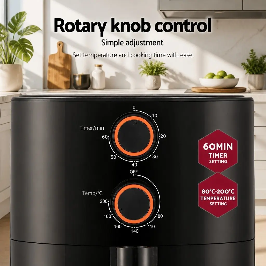 Air Fryer Black 4L Rotary Knob Control 1500W Compact Kitchen Cooking Appliance