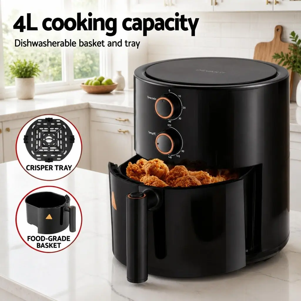 Air Fryer Black 4L Rotary Knob Control 1500W Compact Kitchen Cooking Appliance