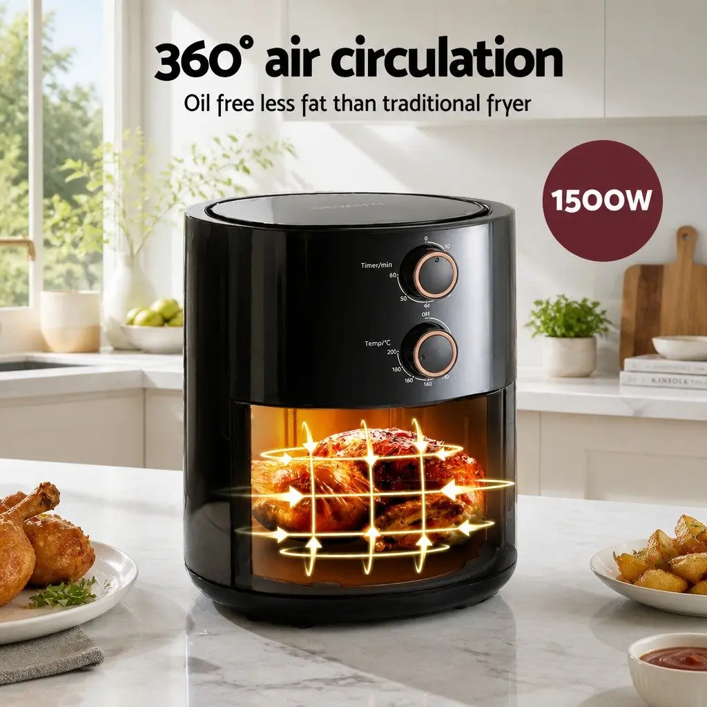 Air Fryer Black 4L Rotary Knob Control 1500W Compact Kitchen Cooking Appliance