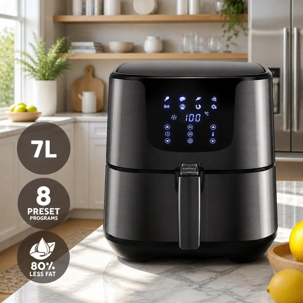 Air Fryer 7L LCD Touch Control Black Stainless Steel Kitchen Frying Roasting
