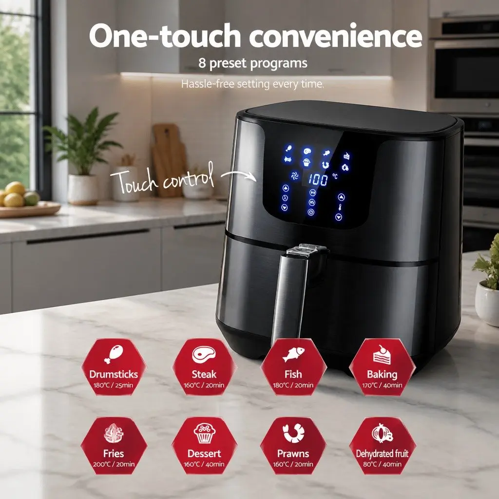 Air Fryer 7L LCD Touch Control Black Stainless Steel Kitchen Frying Roasting
