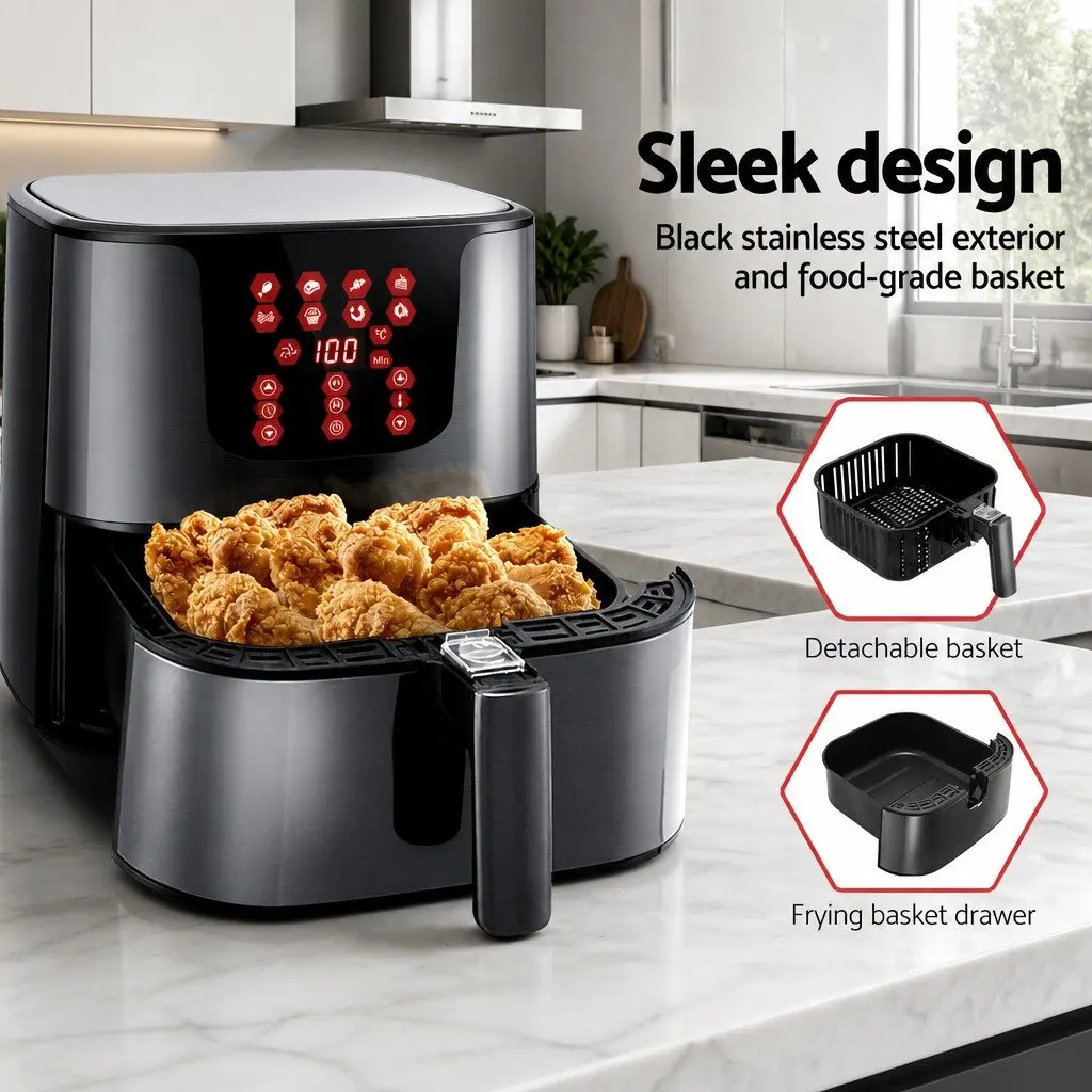 Air Fryer 7L LCD Touch Control Black Stainless Steel Kitchen Frying Roasting