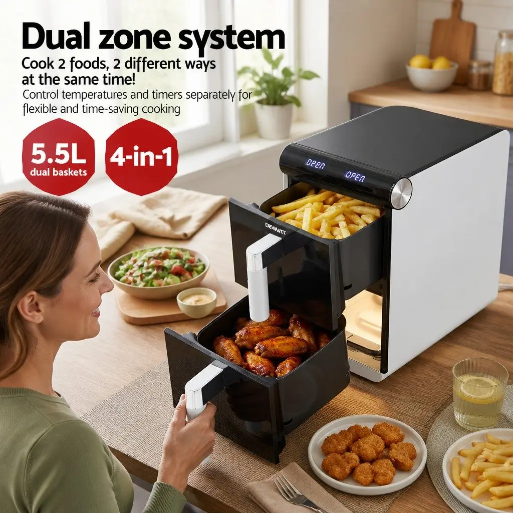 Air Fryer Oven White 11L Dual Zone Independent Baskets Dual Temperature Control