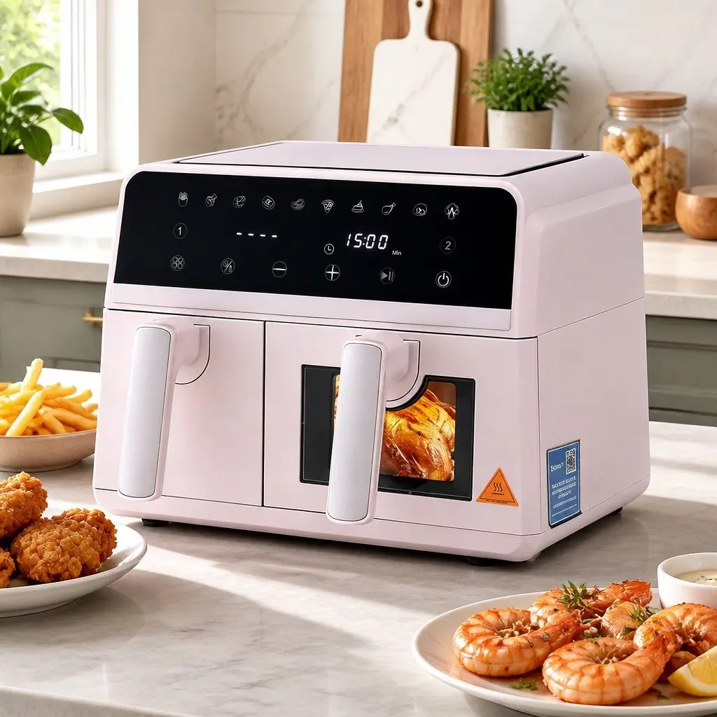 Air Fryer Pink 9L Dual Zone Kitchen Appliance Two Independent Baskets 4-in-1 Cooking Functions