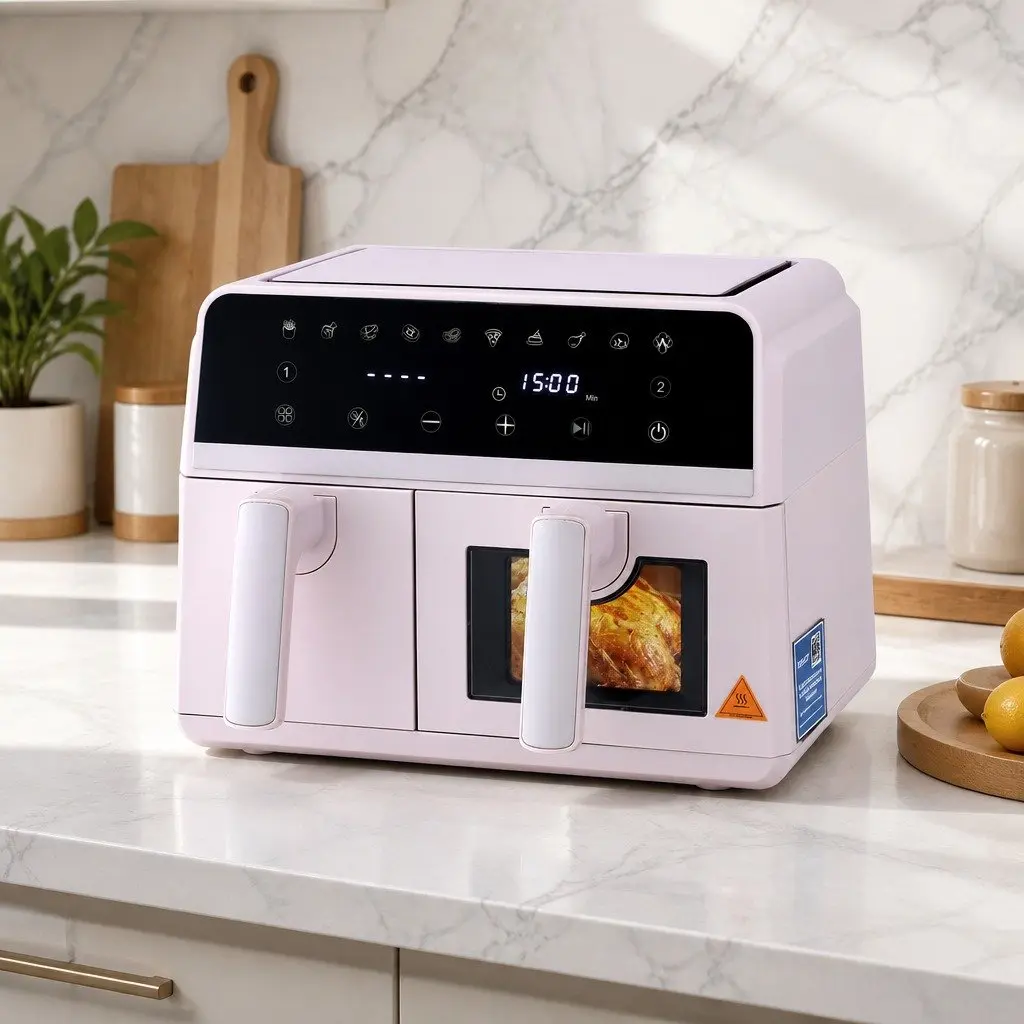 Air Fryer Pink 9L Dual Zone Kitchen Appliance Two Independent Baskets 4-in-1 Cooking Functions