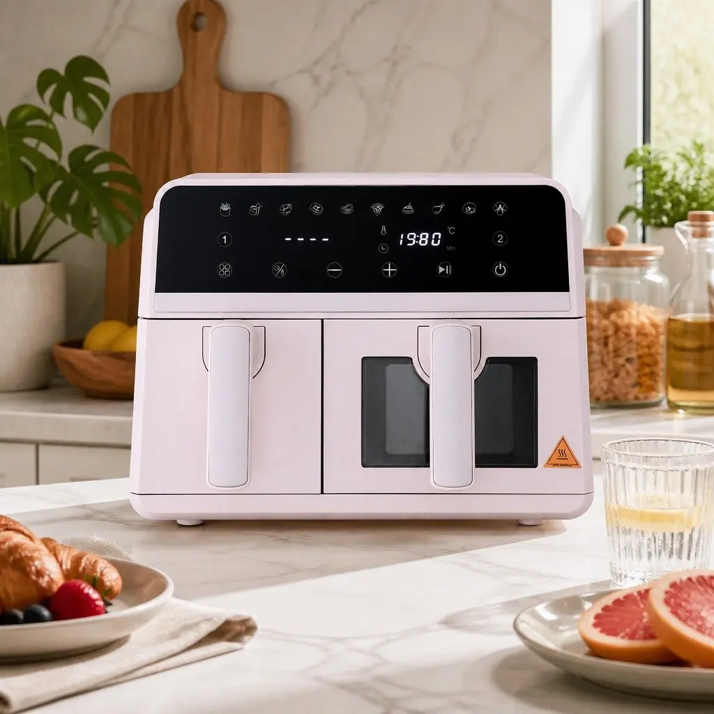 Air Fryer Pink 9L Dual Zone Kitchen Appliance Two Independent Baskets 4-in-1 Cooking Functions