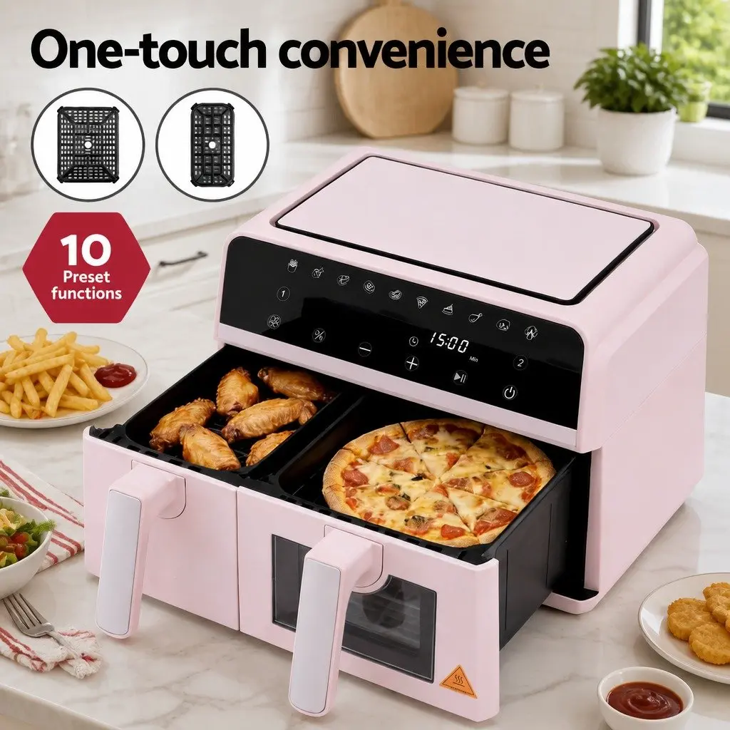 Air Fryer Pink 9L Dual Zone Kitchen Appliance Two Independent Baskets 4-in-1 Cooking Functions