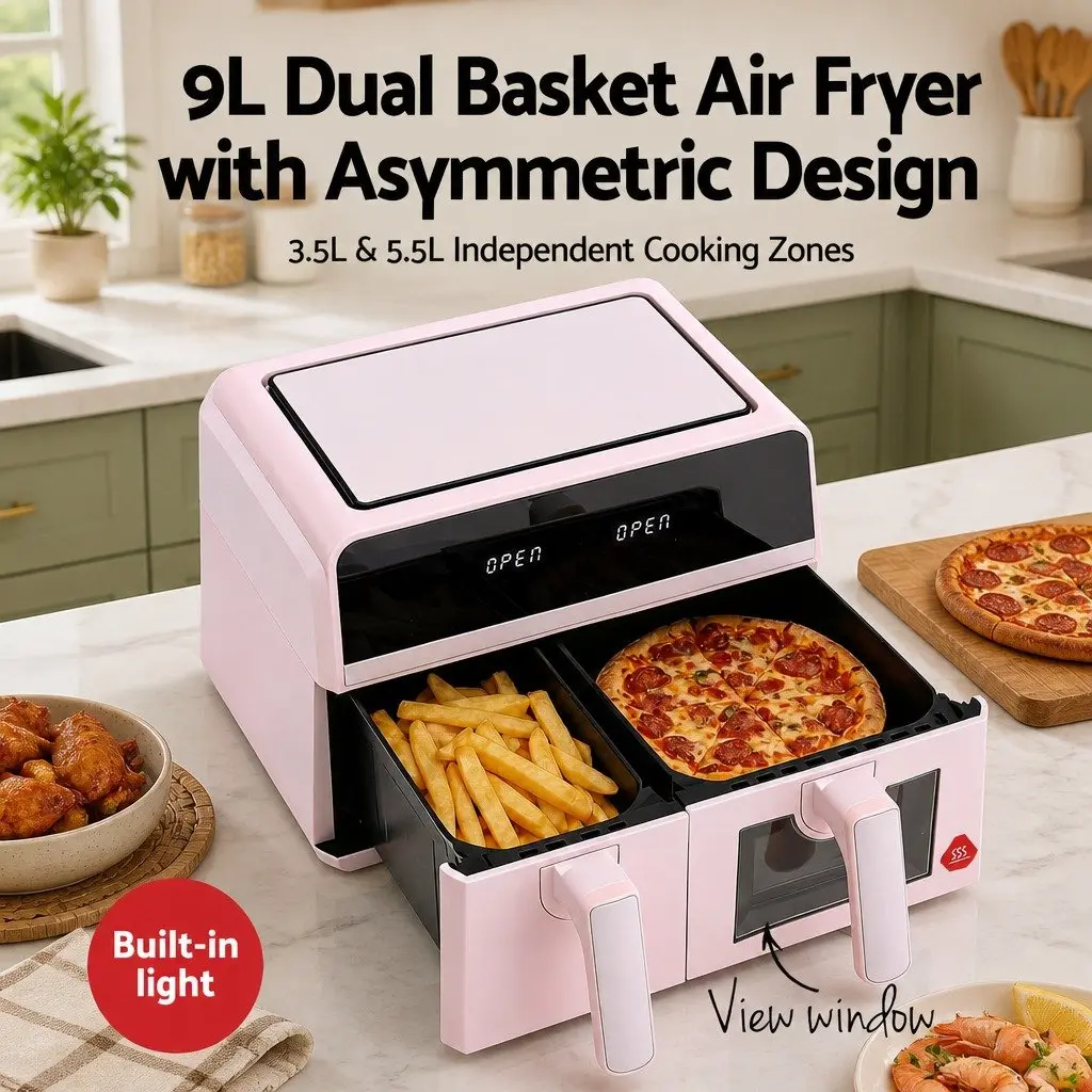 Air Fryer Pink 9L Dual Zone Kitchen Appliance Two Independent Baskets 4-in-1 Cooking Functions