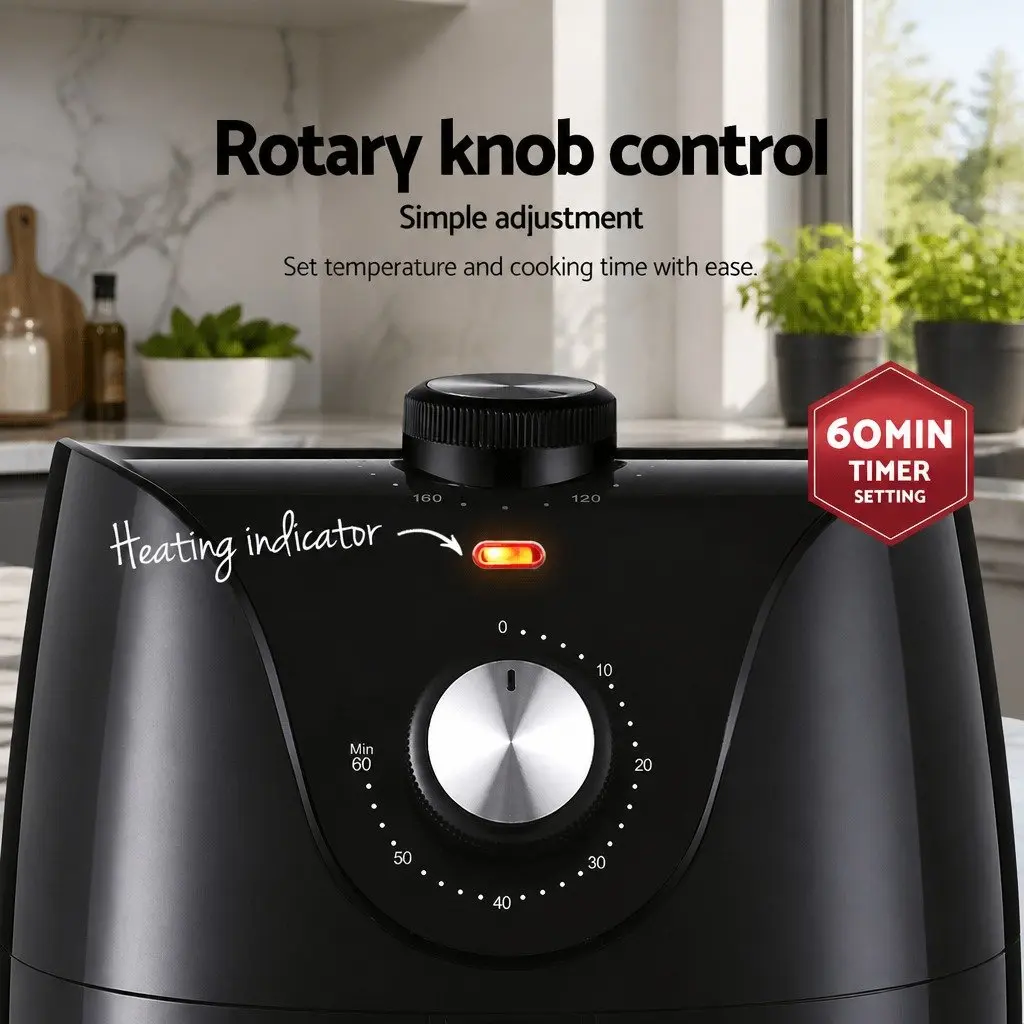Air Fryer Black 2.5L Capacity Knob Control Compact Kitchen Cooking Appliance