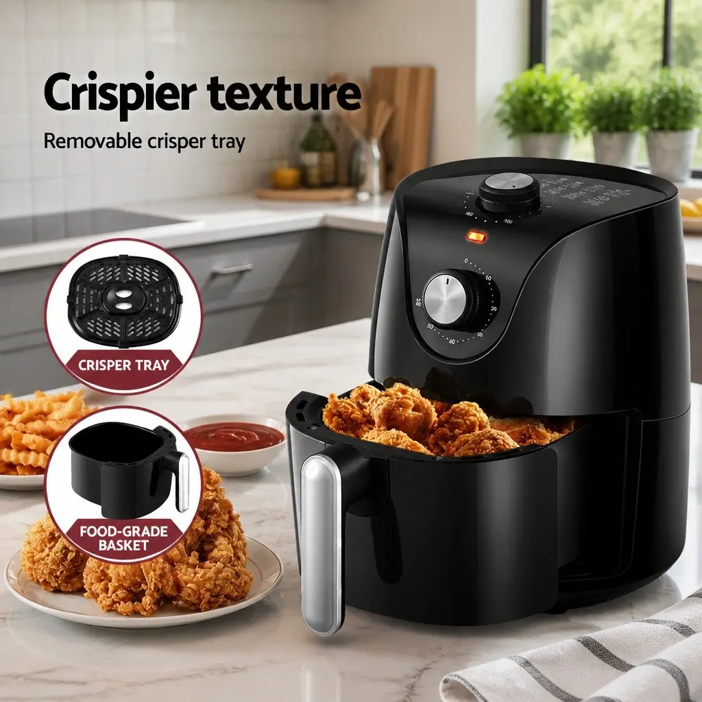 Air Fryer Black 2.5L Capacity Knob Control Compact Kitchen Cooking Appliance